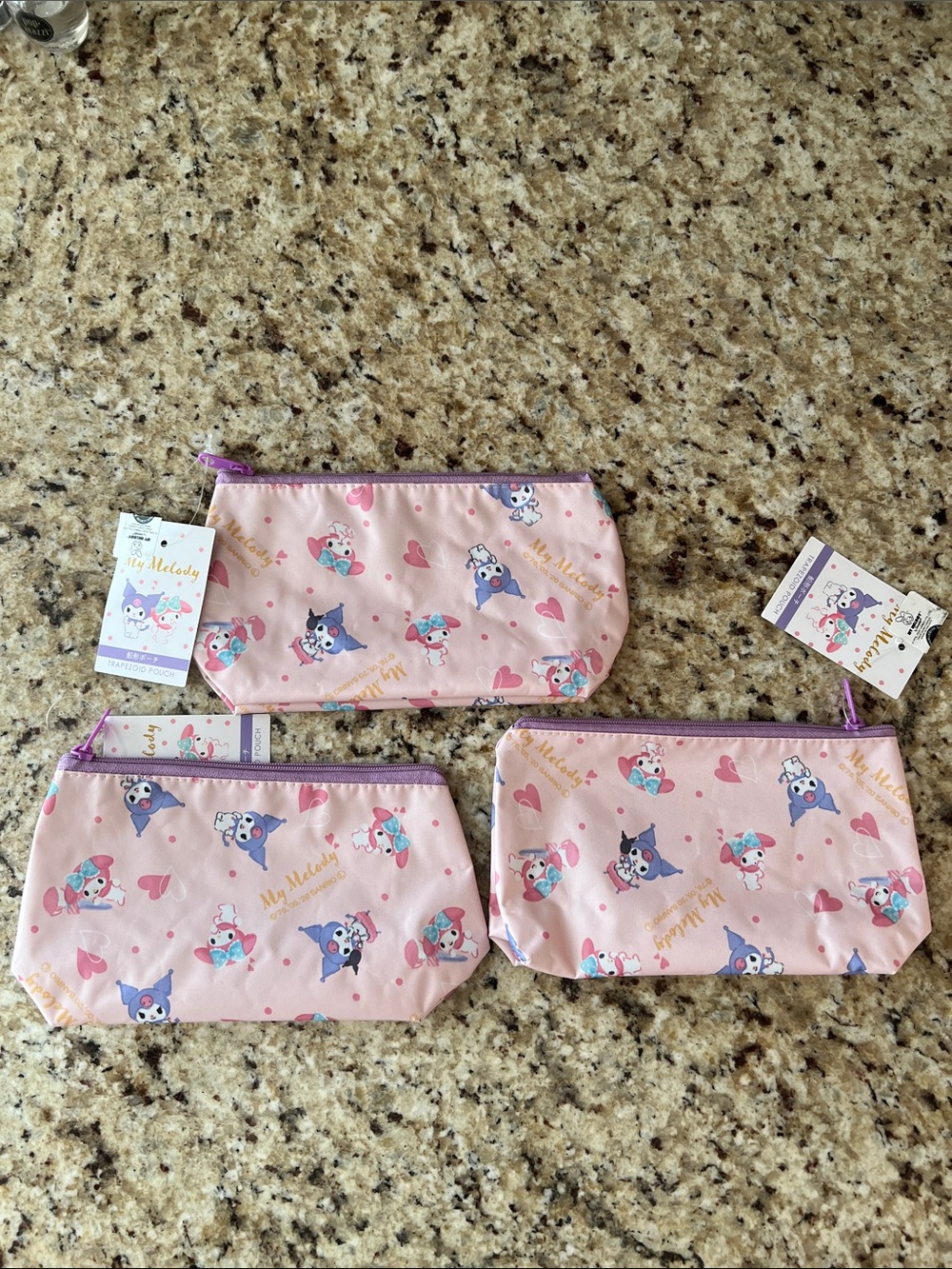 Sanrio My Melody Pink Pouch Trio with Purple Zippers